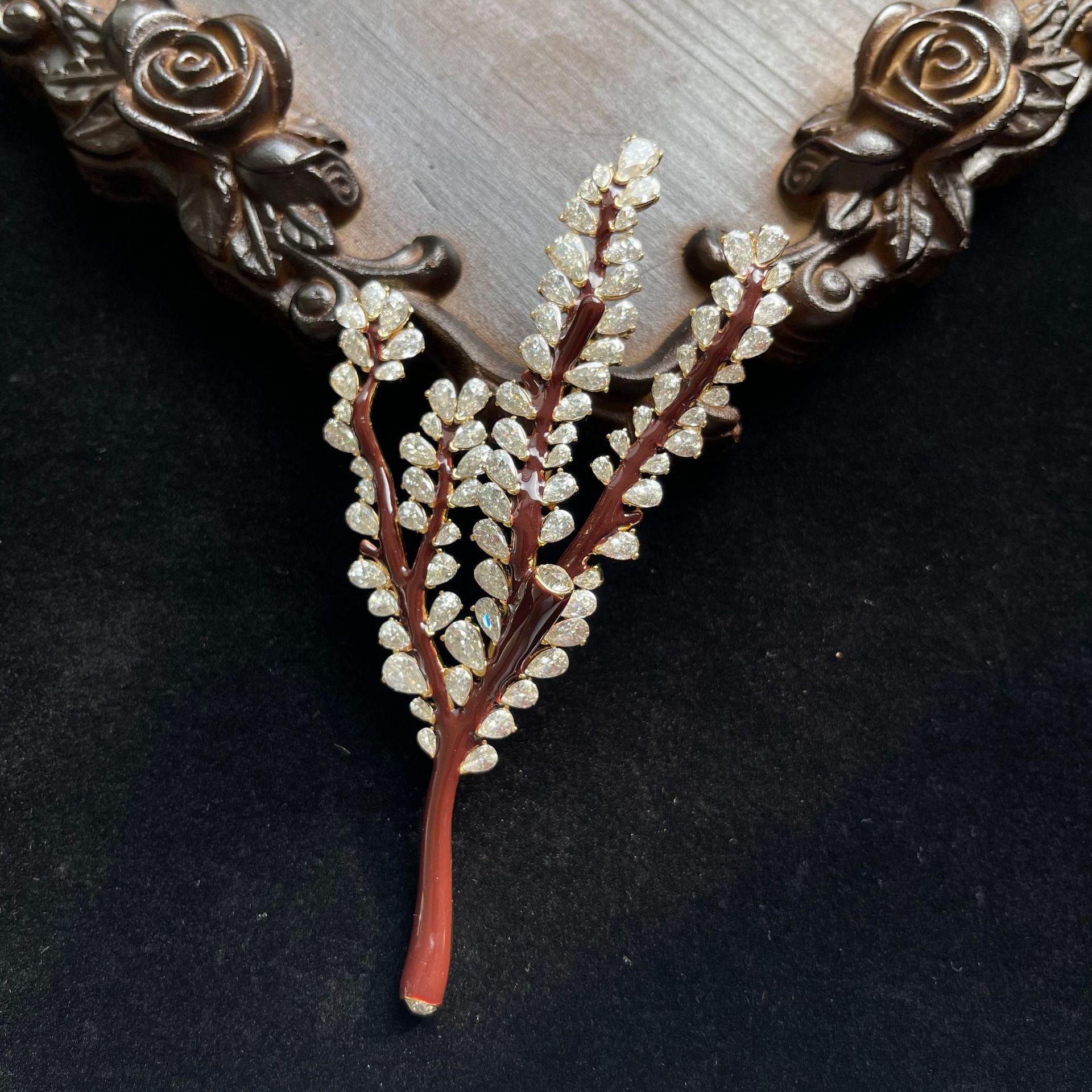 Винтажная брошь из эмали и бриллиантов  Клен  - Изысканный дизайн  Огненное дерево , серебряный цветок для женщин