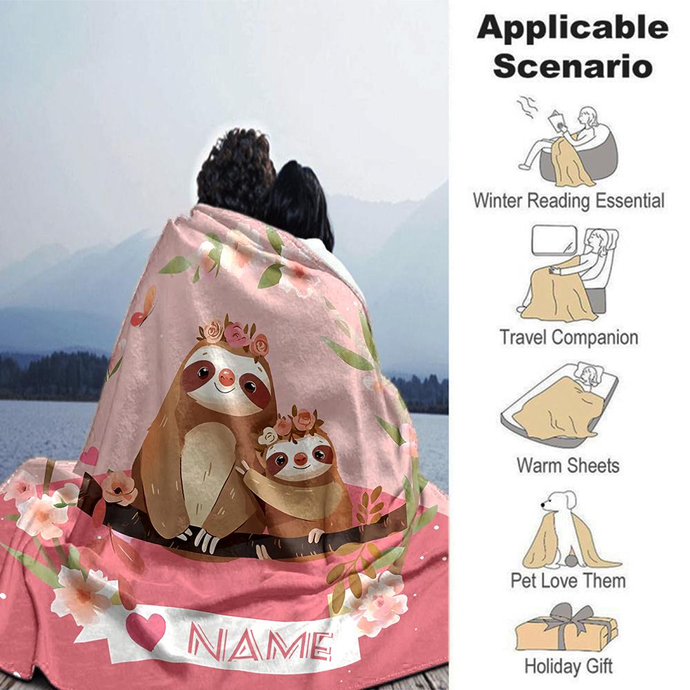 Cute Sloth Family In Floral Wreath Design Gift Customizable Blanket Personalized Text Comfortable Throw For Sofa Couch Office Bed Picnics Ideal For
