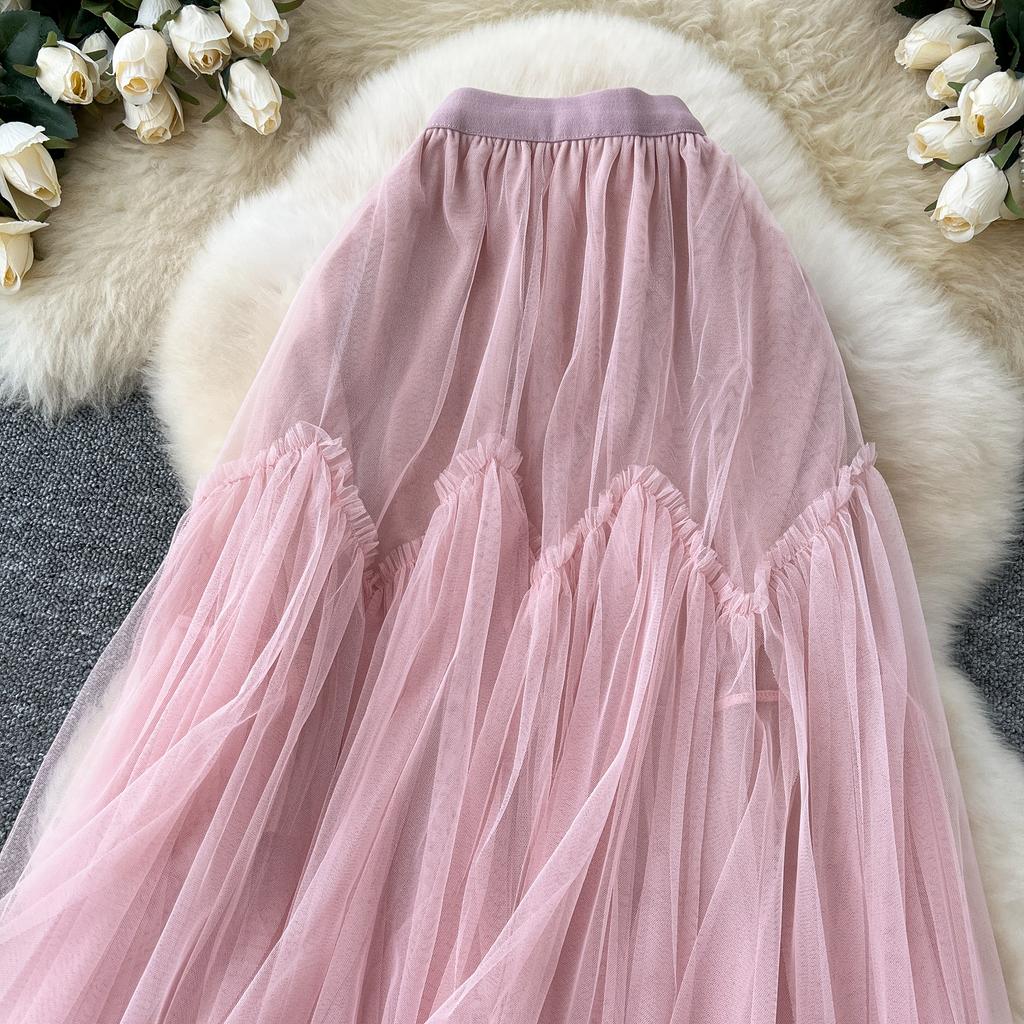 Summer Women Sweet Mesh Patchwork High Waist Long Midi Skirt