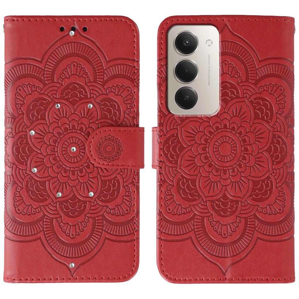 For Xiaomi Redmi 15 5G Case Rhinestone Decor PU Leather Mandala Imprinted Design Phone Cover with Wrist Strap