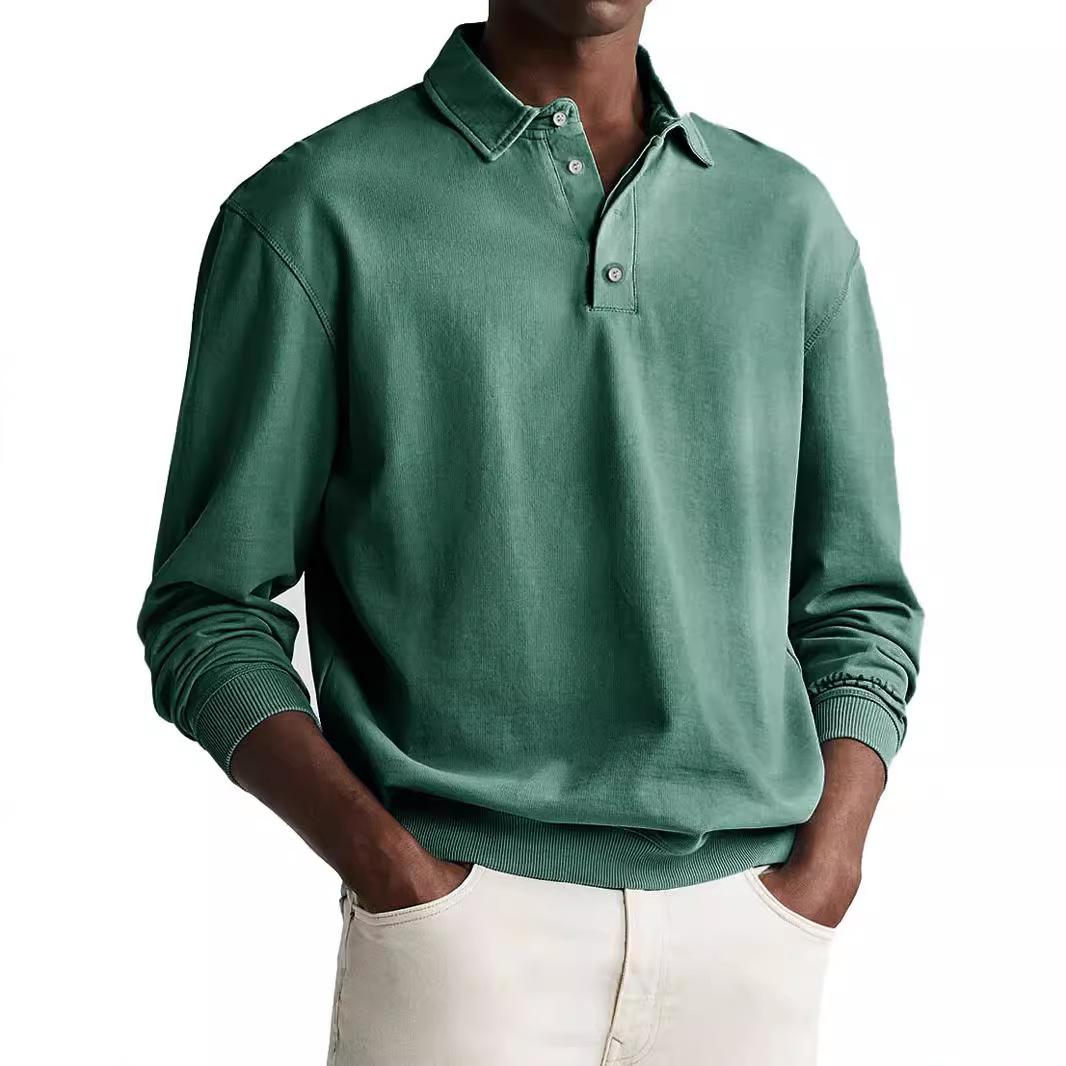 Herren Langarm Poloshirt Einfarbig Revers Knopf Büro Pendler Business Casual Pullover Mode Sport T-Shirt L dunkelgrüne