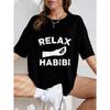 Relaxační Oversized Tričko Habibi Bílé Písmo a Grafický Potisk Ležérní Streetwear Pro Ženy