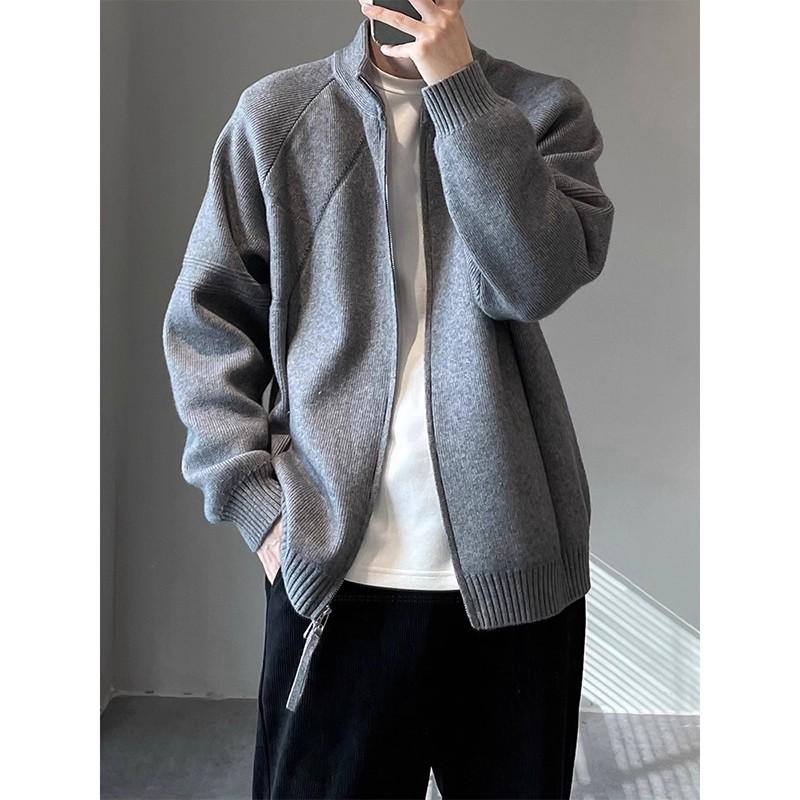 Men's Stand Collar Korean Style Double Zipper Knit Cardigan for Autumn/Winter
