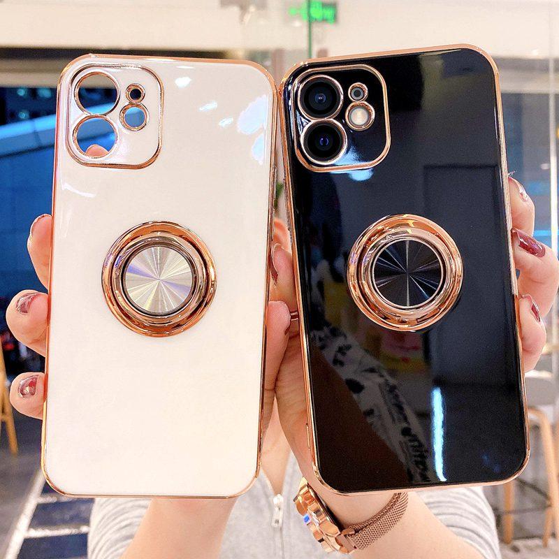 Soft Square Phone Case For iPhone 11 12 13 14 15 Pro Max XS X XR 7 8 Plus SE  Mini Stand Ring Silicone Shockproof Cover