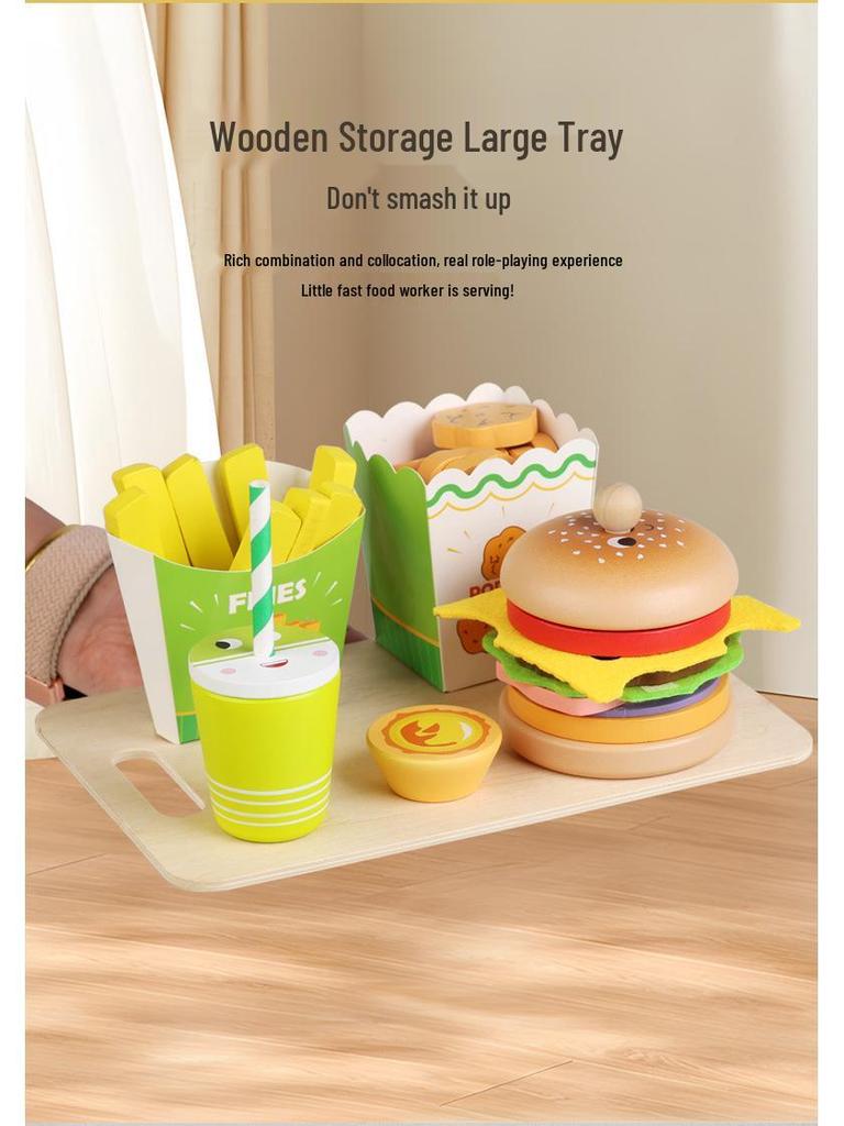 Wooden Hamburger and Fries Pretend Play Set - Educational Toy for Kids