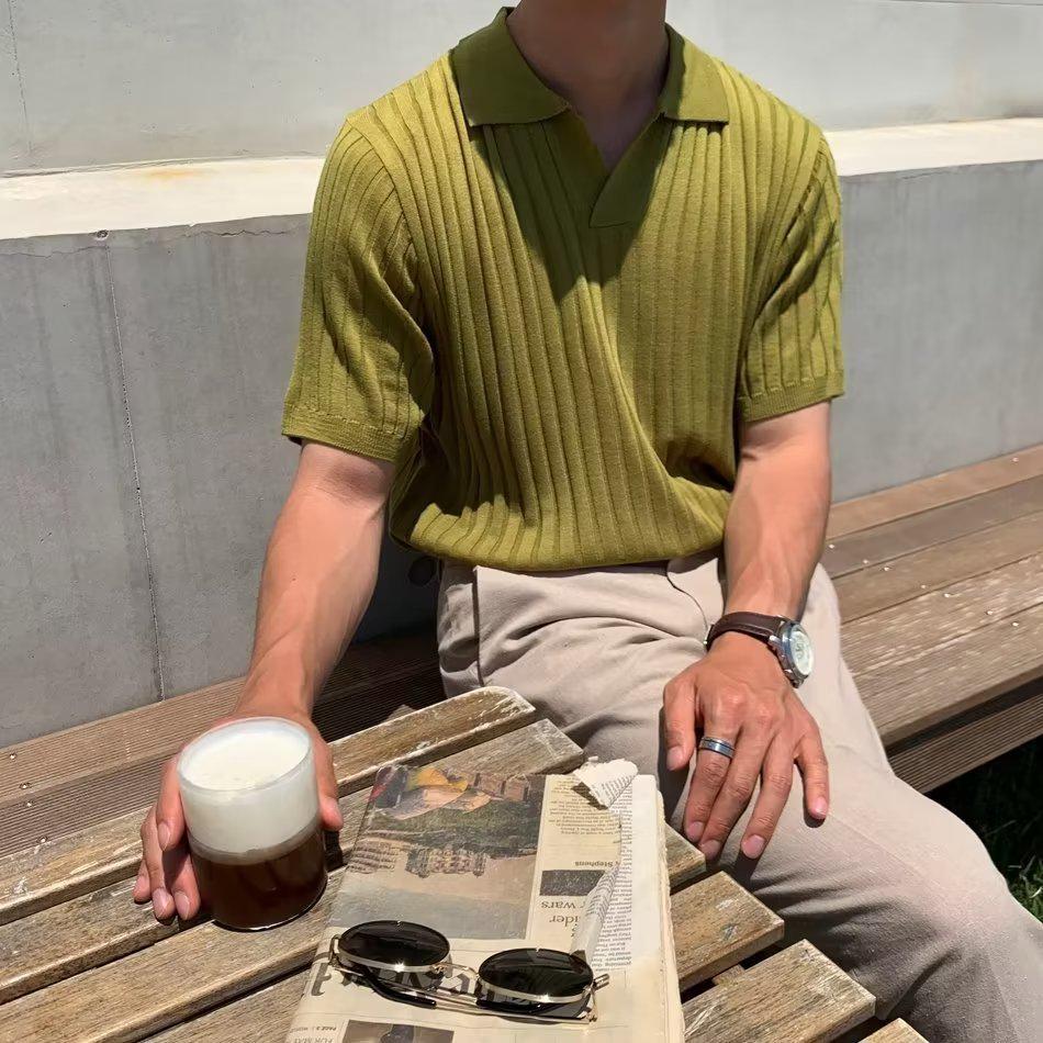 

Мужская рубашка поло в корейском стиле с лацканами - с короткими рукавами, красивая, однотонная трикотажная рубашка для зрелого возраста XXL зелёный