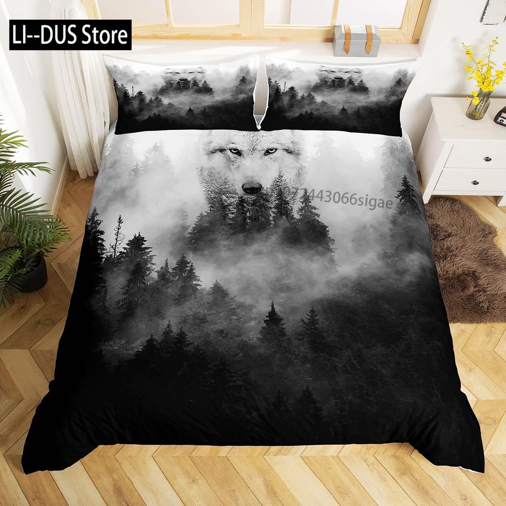 Wolf-Print Bettwäsche-Set Einzelbettgröße für Kinder Jungen Schlafzimmer Nebelbett Bettbezug-Set Deckenbezug Wildtiere Dekor 3 Teile