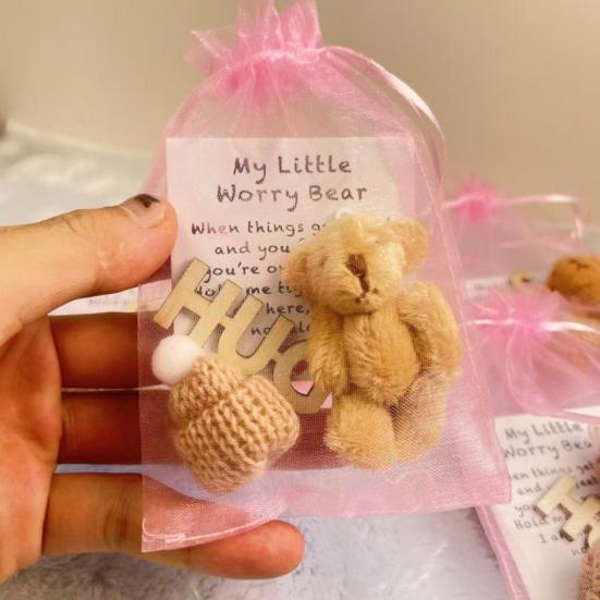 Pocket Hug Plush Bear Toy with Encouragement Card Mesh Bag Mini Positive Stuffed Bear Doll with Knitted Hat Inspirational Gift