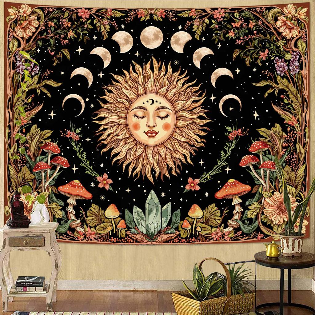 Hippie Witchy Moth Tapestry, Moon Mushroom Aesthetic Floral Wall Art, Mystic Moon Phase Decor For Living Room Bedroom Home