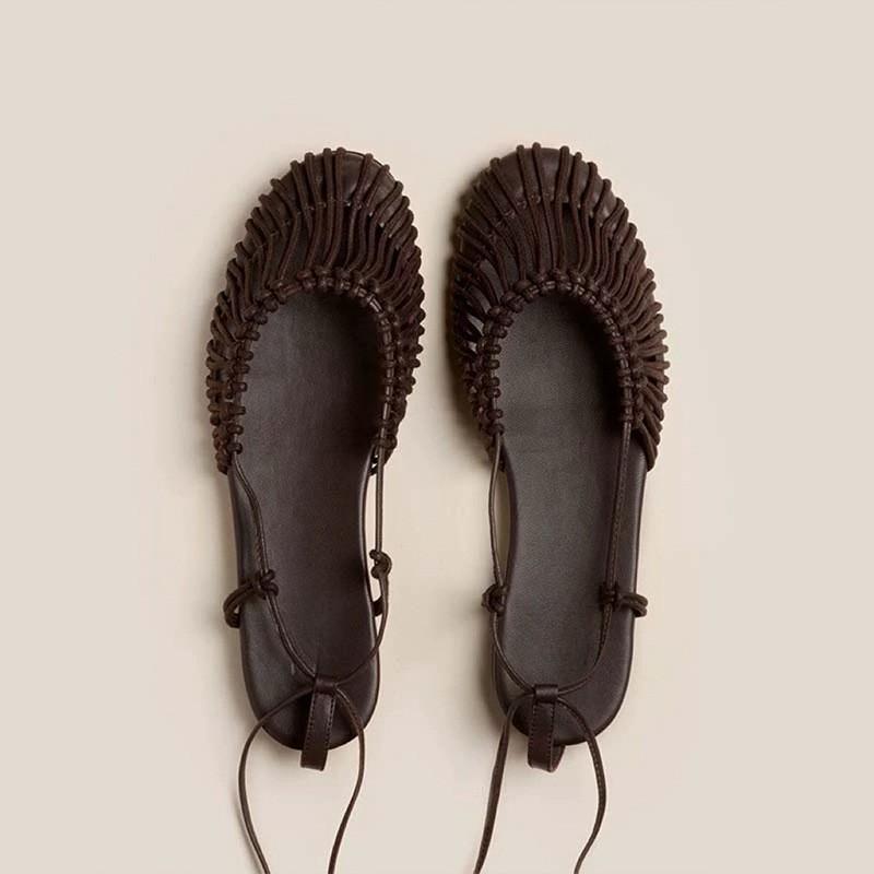 Sheepskin version~ niche hand-woven retro bag head sandals women's summer flat bottom anklet straps genuine leather Roman women's shoes