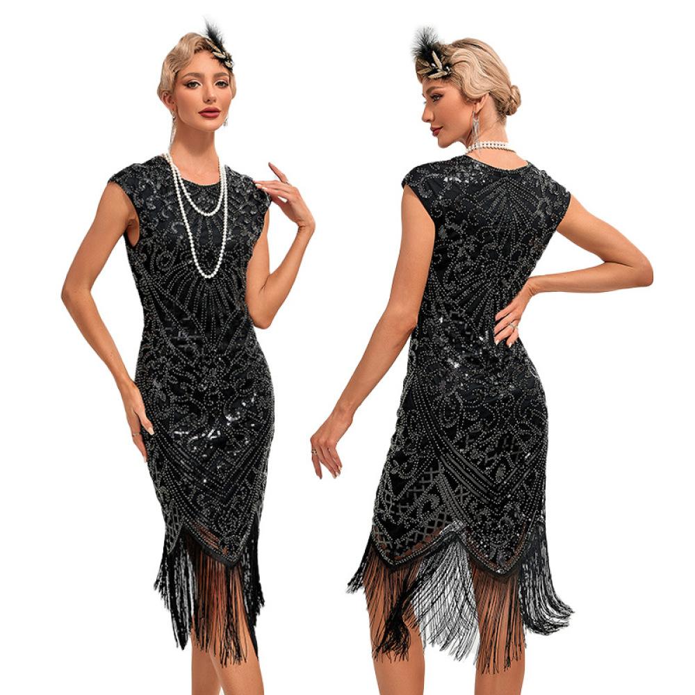 1920S Retro Ball Embroidered Fringed Dress Cocktail Party Large Size Sequined Beaded Mesh Dress
