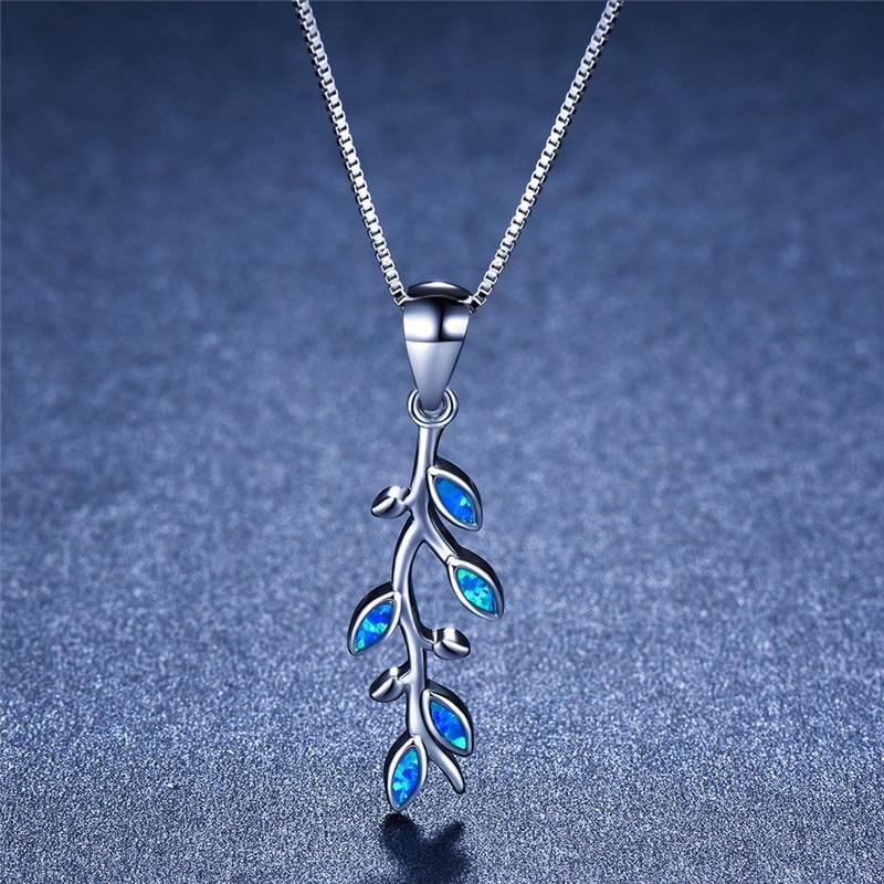 Niedliche Halskette mit Pflanzenbaumblatt-Anhänger, blau-weißer Feueropal, für Frauen, 925er Sterlingsilber, Geburtsstein-Schmuck, weibliche Halskette