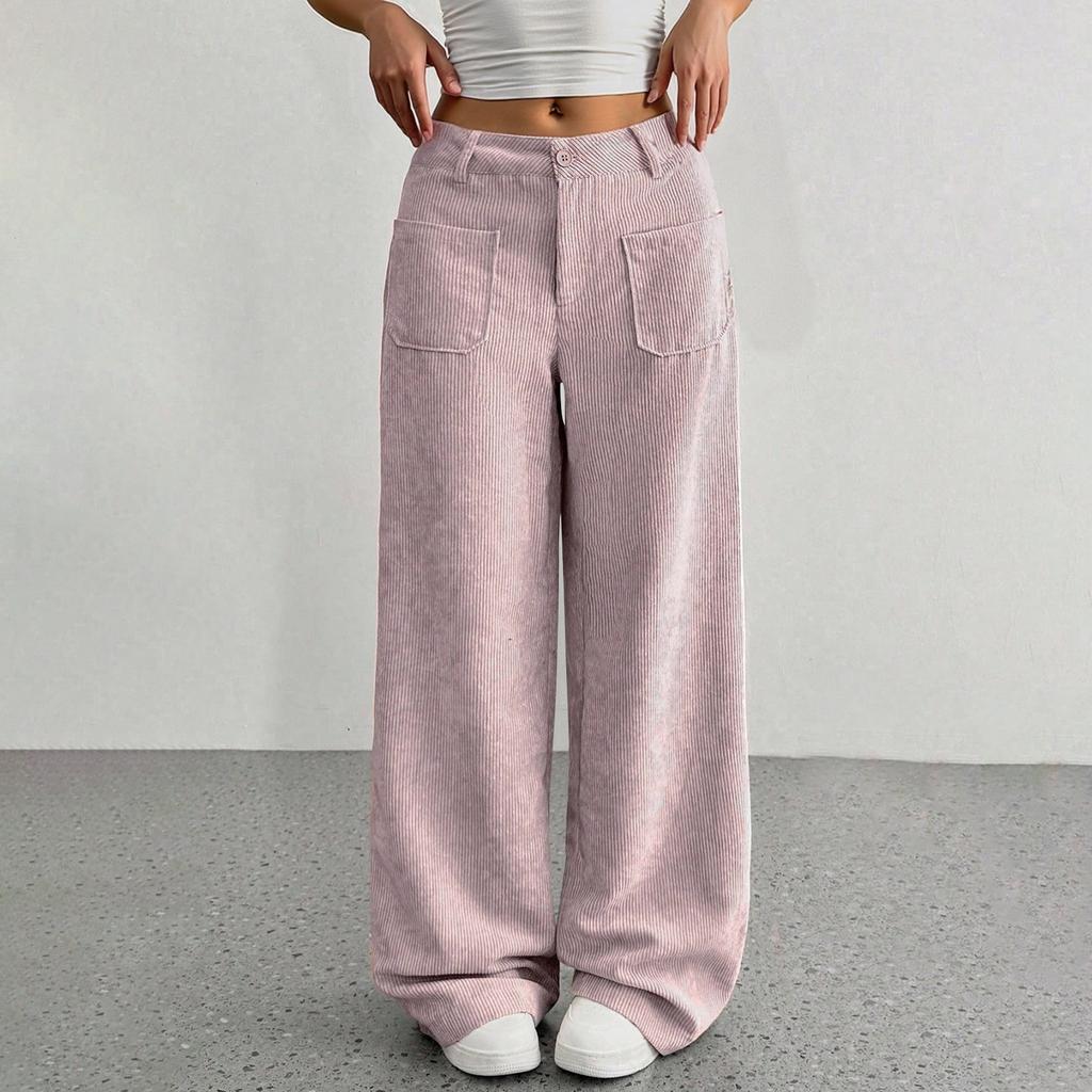 Corduroy Pants For Women Casual  Elastic Waist Straight Leg Pants Loose Comfy Trousers With Pockets