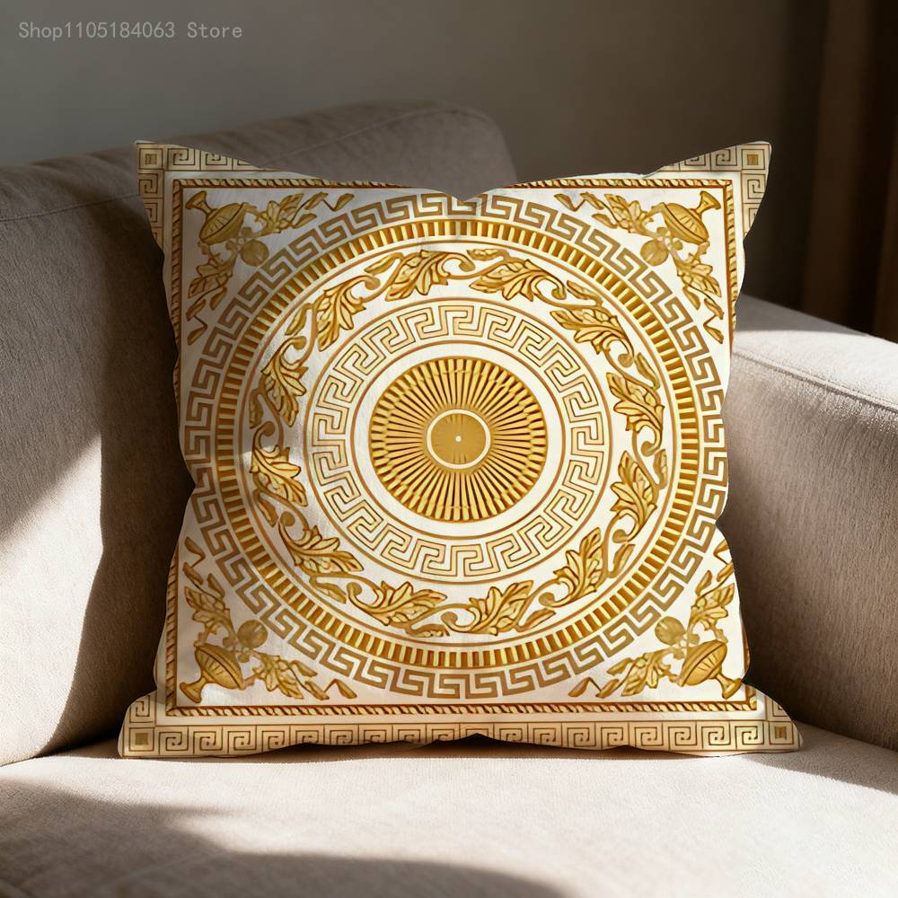 Greek Key Golden Baroque Style Pillow Case Print Polyester Fiber 40X40 Cm Home Sofa Throw Cushion Cover Decoration