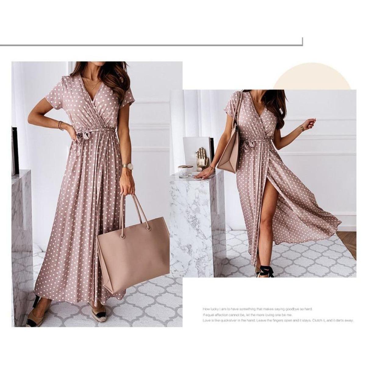 

LYRIA Summer Short Sleeve V-neck Bohemian Polka Dot Print Dress Long Skirt 3XL