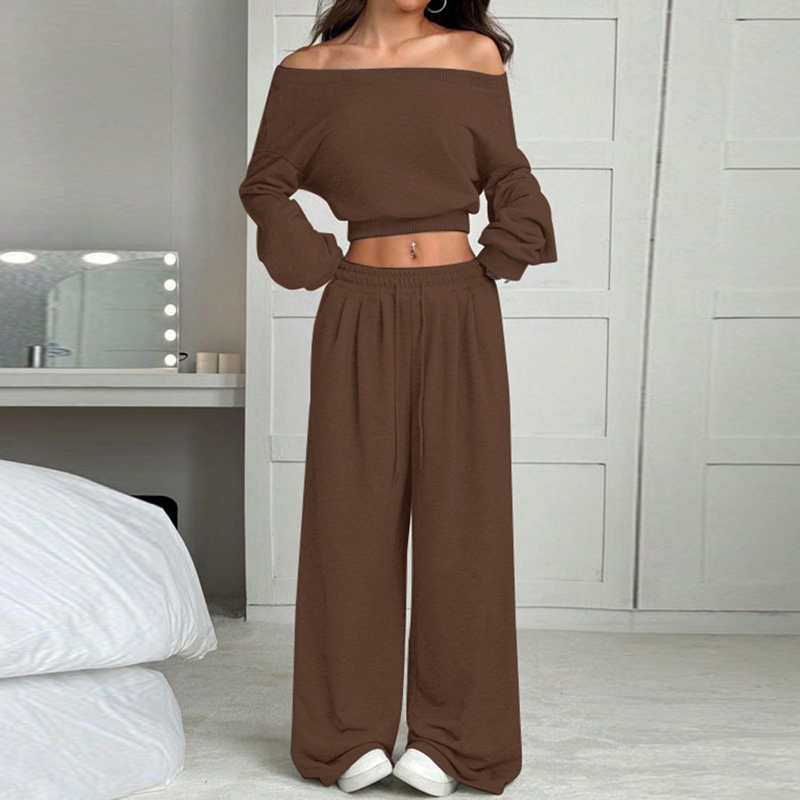 Women s Fashion Top Slim Fit Casual Pants Set L коричневый