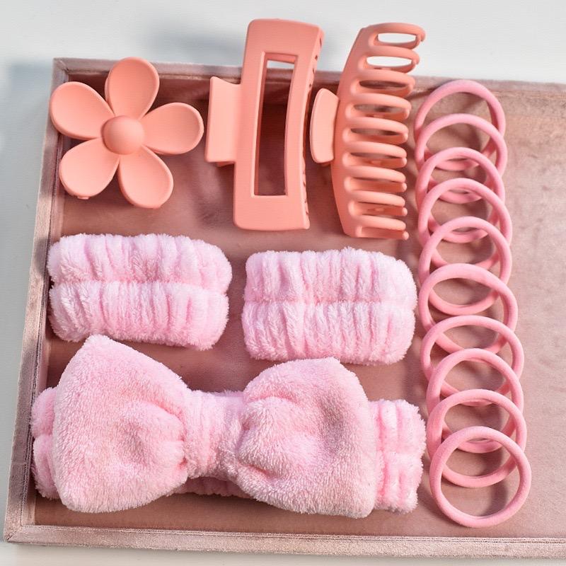 16pcs Set Spa Washing Fluffy Wristband Bow Headbands Flower Hair Claw Women's Hair Accessories