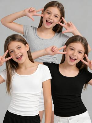 3-Piece Set: Girls' Slim Fit Short-Sleeve Round Neck T-Shirts - Summer 2026 New Style In Three Colors