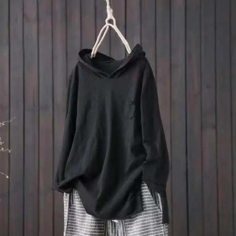 

Футболка с капюшоном из хлопка, женская, весна и осень, новая свободная, с длинными рукавами, с художественным вырезом, повседневная, с тонким разрезом снизу, рубашка 4XL чёрный