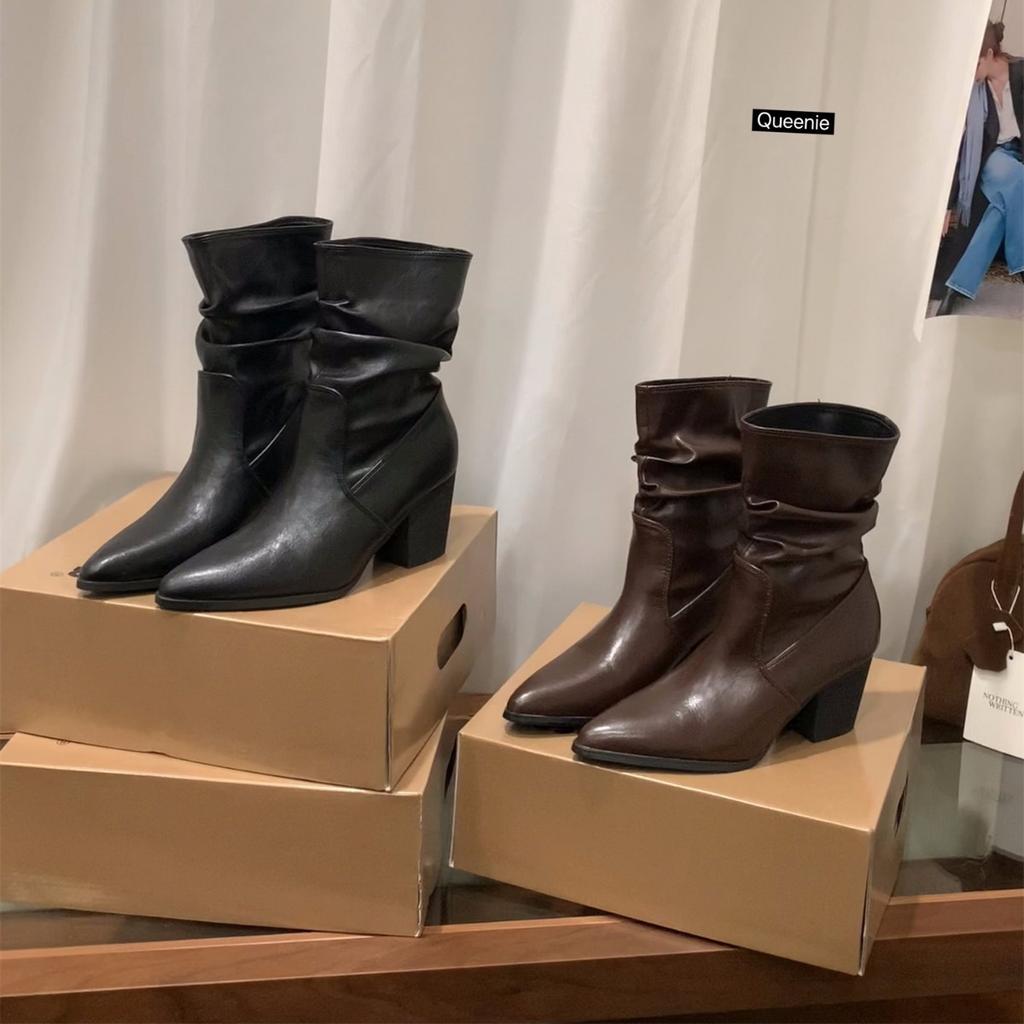 Brown Maillard Pointed High Heel Short Boots Women's Shoes 2025 Skinny Pile Boots Spring and Autumn Single Boots Coarse Heel Martin Boots