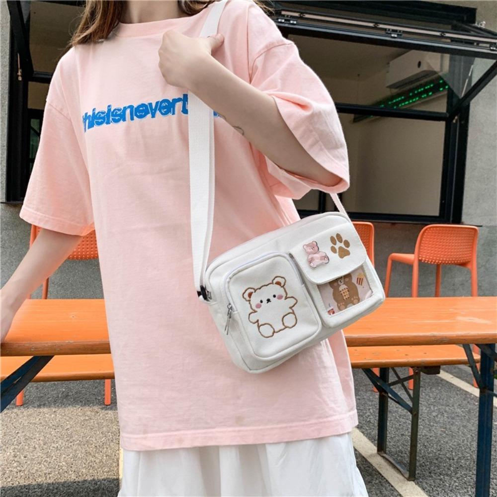 Embroidery Bear Canvas Shoulder Bag Solid Color Shoulder Bag Cute Transparent Itabag  Gift