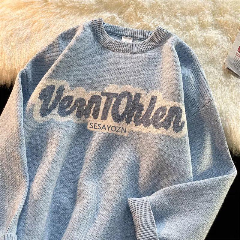 Men's Japanese Lazy Style Round Neck Sweater - Trendy Loose Fit Knitwear with Casual Letter Towel Embroidery