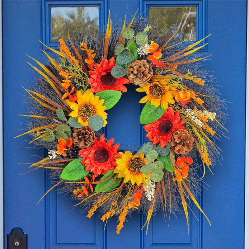 Good-Pine Cone Sunflower Wreath Fall Decor Wreath Outdoor Wreath Wreaths For Front Door For Porch Farmhouse Home Decor 40Cm