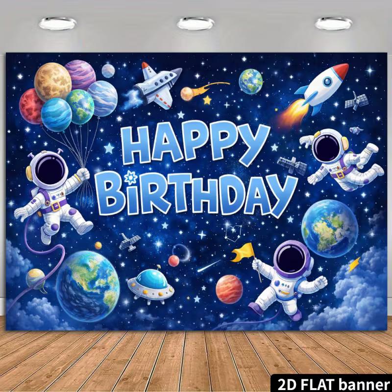

2D Galaxy Happy Birthday Backdrop - Astronaut & Starry Sky Banner for Kids Outer Space Birthday Photoshoot 47.2x31.5inch/120*80cm