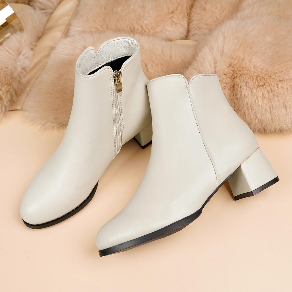Autumn Winter PU Women Ankle Boots Thick High Heels Round Toe Shoes Black White Modern Short Botas Para Mujer 652