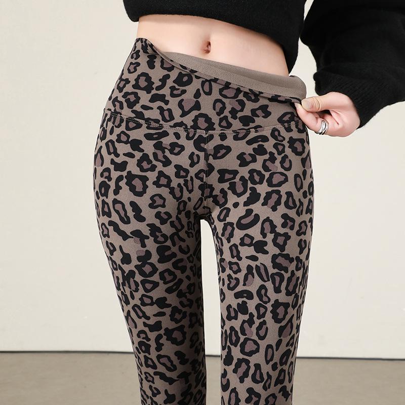 Leggings med hög midja och leopardmönster: Dambyxor för höst/vinter, smalnar av, kontrollerar magen, lyfter rumpan, med plus sammet, för yoga.