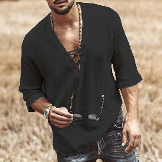 V-Neck Solid Color Men Shirt Lightweight Front Lace Up Half Sleeve T-shirt Male Clothing