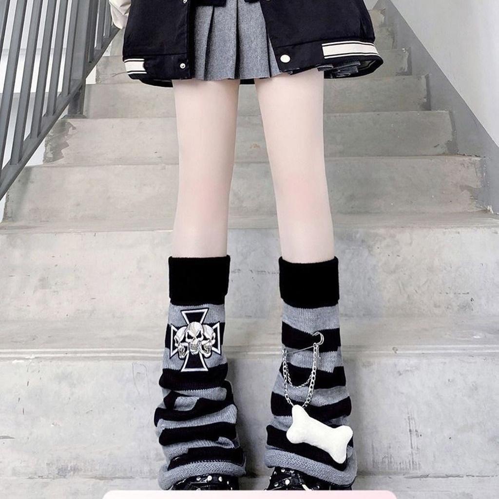 Gothic Women Leg Warmers Harajuku Punk Bone Skull Crosses Flared Knitted Foot Cover Winter Warm Long Socks Streetwe