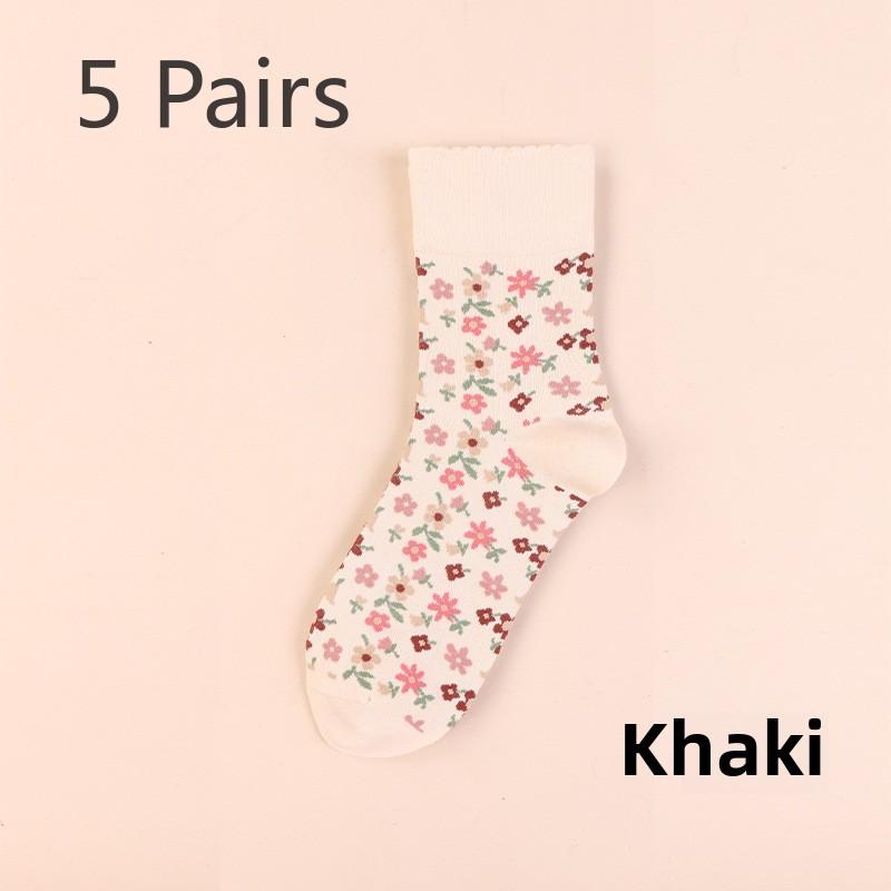 5 Pairs Autumn and Winter Vintage Small Floral Ladies Mid-tube Mori Department College Socks Mid-tube Socks