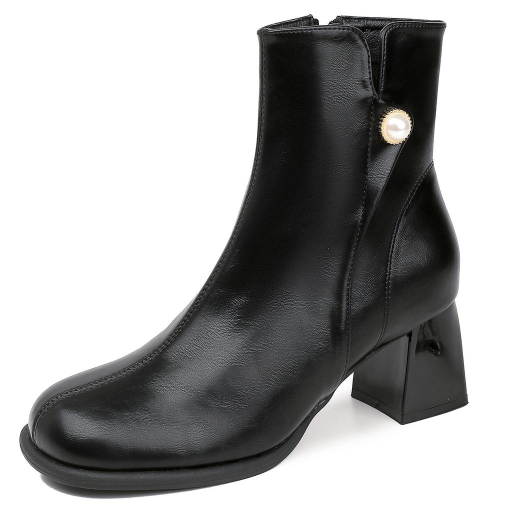 Leather Boots Women's Winter New French Bootie Women's Versatile Rough Heel High Heel Mary Jane Boots Women Ankle Bootie