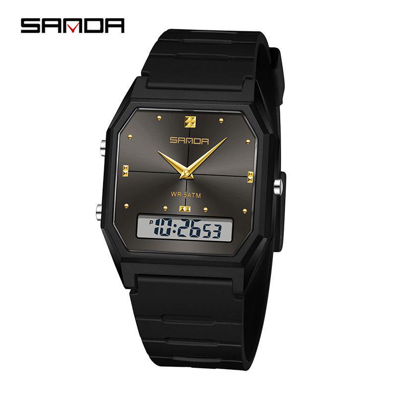 Sanda TEMU Men's Sports Watch: Hot-Selling, Waterproof, Luminous, Thin Square Design, Dual Display, Three Time Zones.