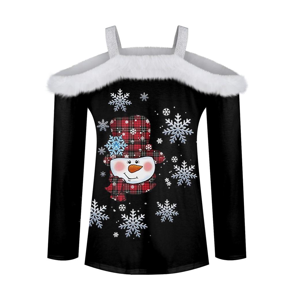 Women's Fashion Long Sleeve Strapless One Shoulder Christmas Printed Party Plush Neck Top