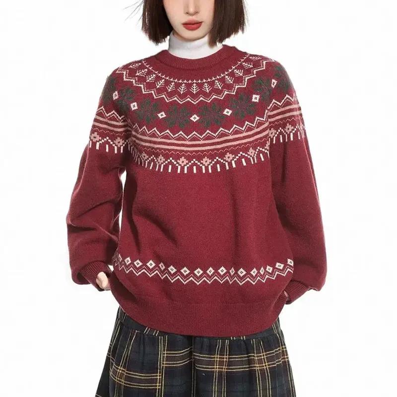 Женский свитерок Off-White с норвежским узором Fair Isle, с круглым вырезом, винтажный, повседневный, вязаный пуловер, свободный L