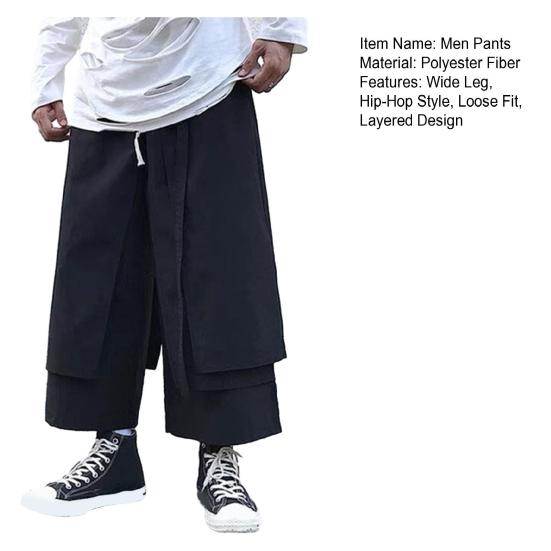 Men's Loose Fit Pants Hip-Hop Wide Leg Pants with Pockets Casual Black Layered Pants for Everyday Wear Street