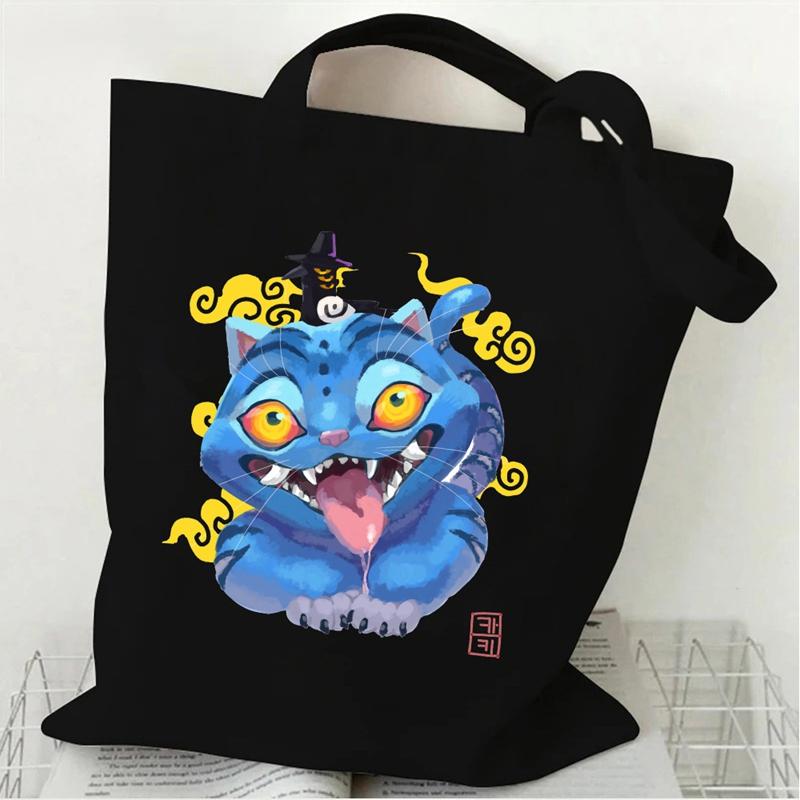 New Kpop Demon Hunters Black White Canvas Bag Saja Boys Anime Print Tote Bag Girls Trendy Lightweight Shoulder Bag