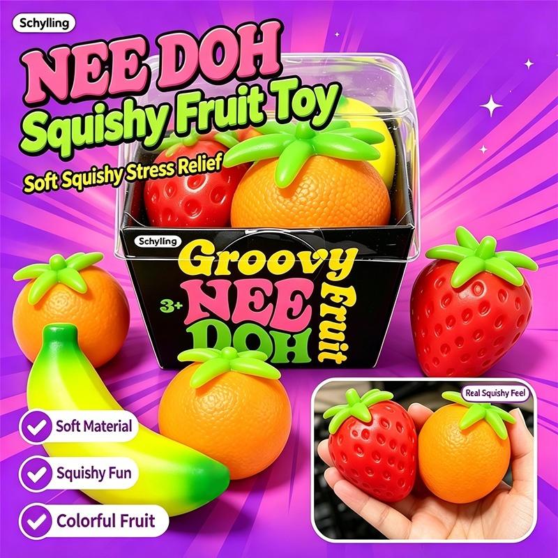 Schylling Needoh Groovy Strawberry Banana Orange Fruit 3 Pack Set Fast Rebound Stress Relief Ball Anxiety Squeeze Sensory Toy