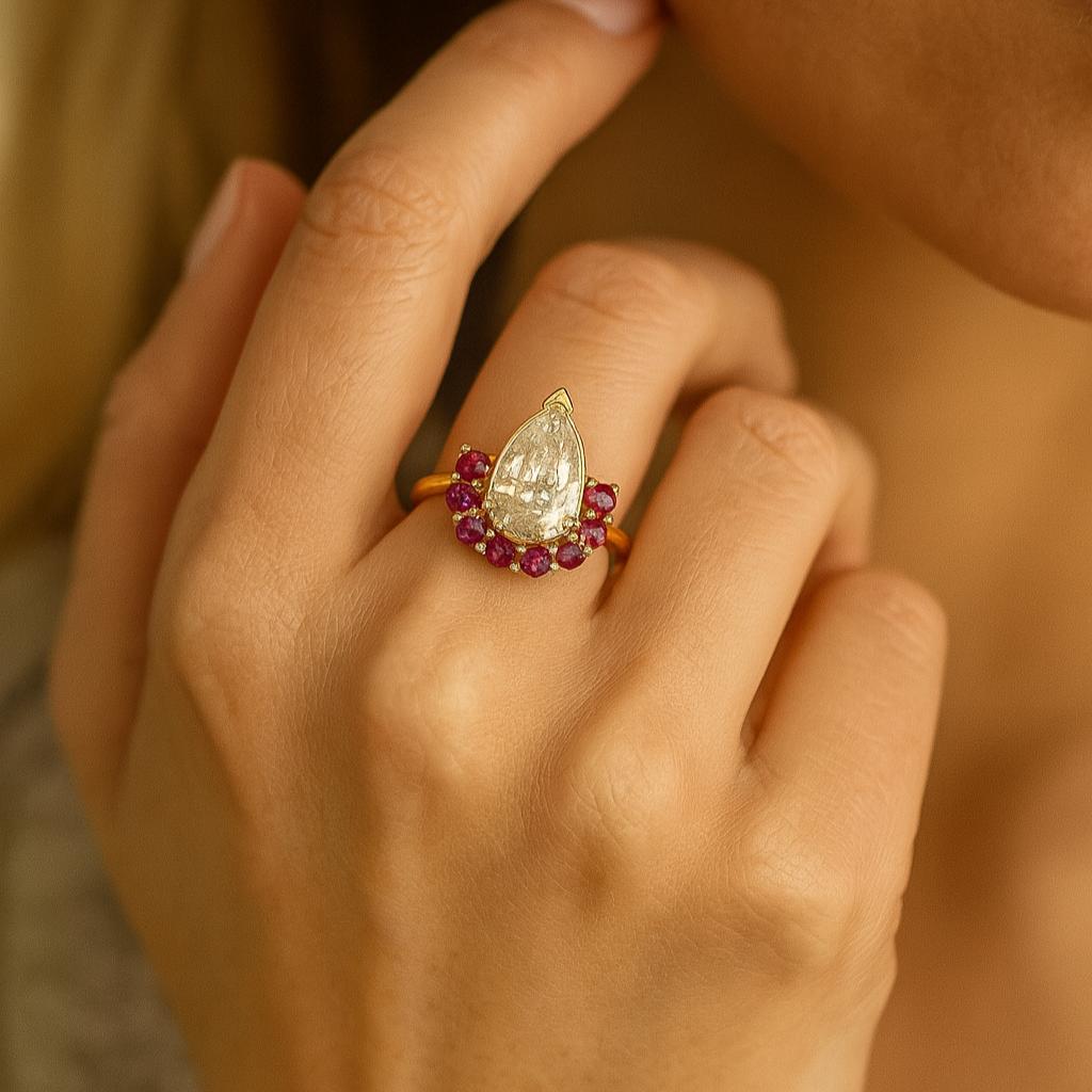 Pear Moissanite Wedding Ring, Red Garnet Half-Halo Ring, V-Prong Art Deco Jewelry Yellow Gold Plated Silver, Anniversary Gifts