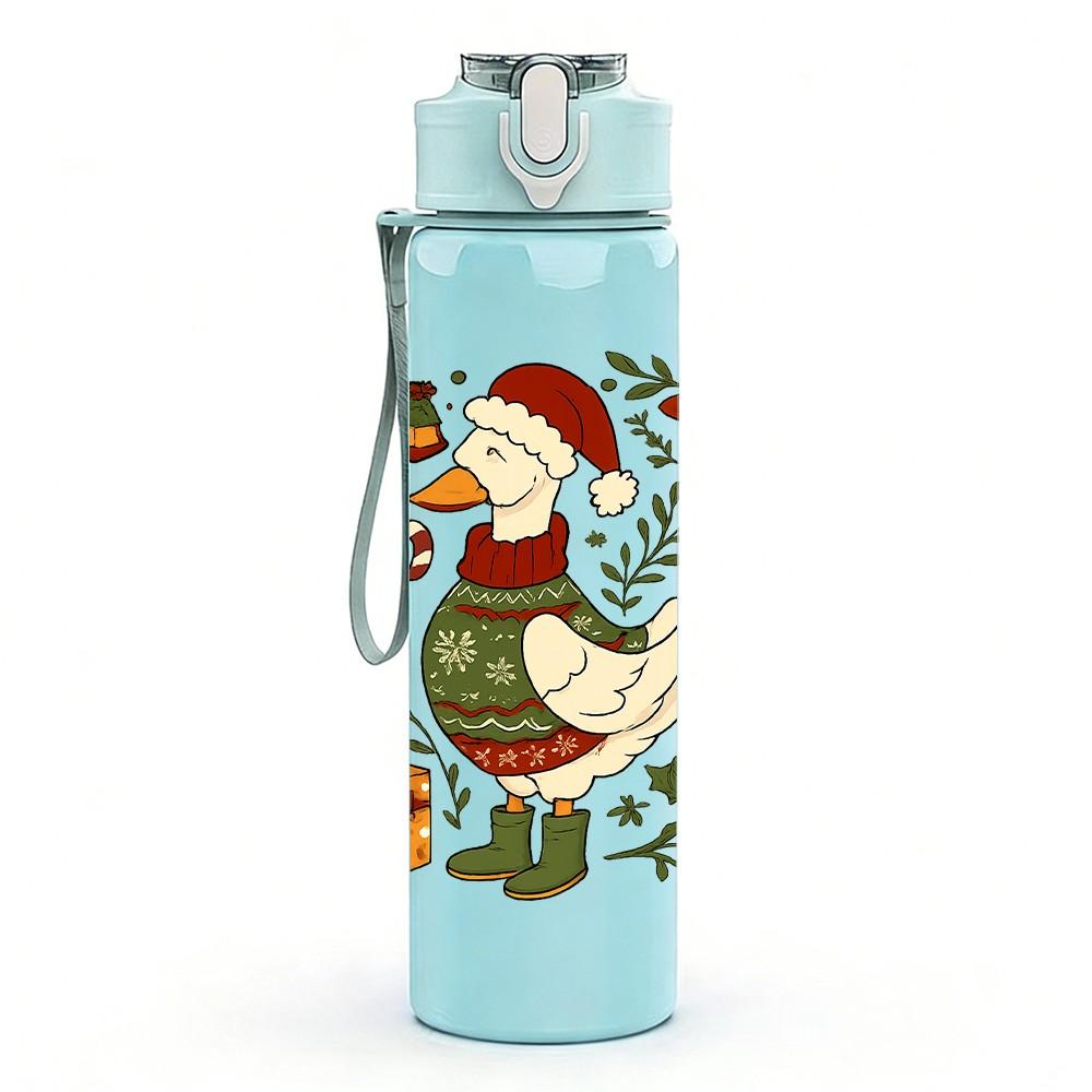 1PC Christmas Duck Holly Illustration 750ml Color Plastic Sports Water Bottle Leakproof Flip Straw Lid Suitable for Sports Office Home Use