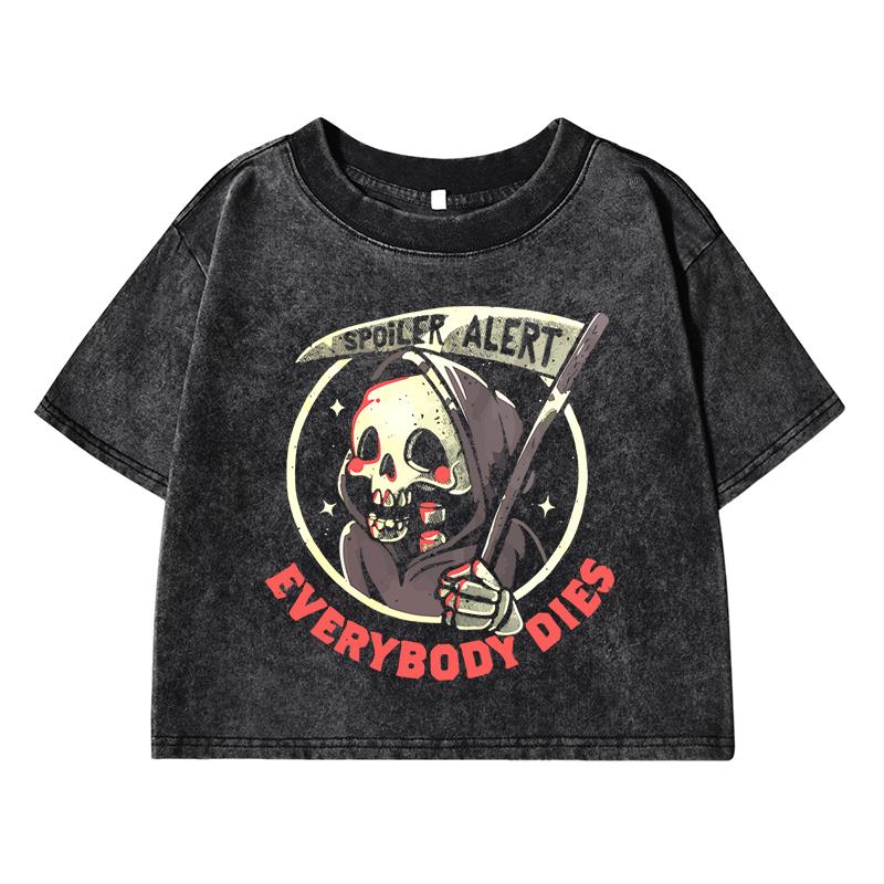 

Мультяшная милая футболка с принтом маленького черепа, женская, выстиранная, короткая, модная, повседневная, уличный стиль, летняя, свободного кроя, с эффектом потертости XL