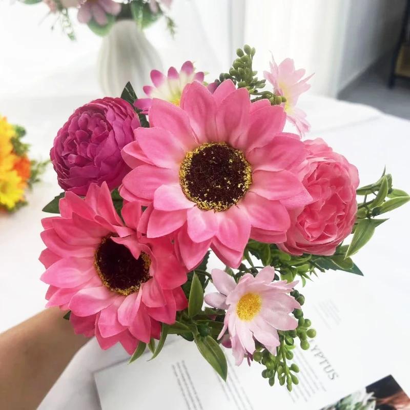 

Nordic Artificial Flowers Silk Sunflower Peony Bouquet Garden Decoration Green Plant Fake Flower Simulation Chrysanthemum 5pcs розовый