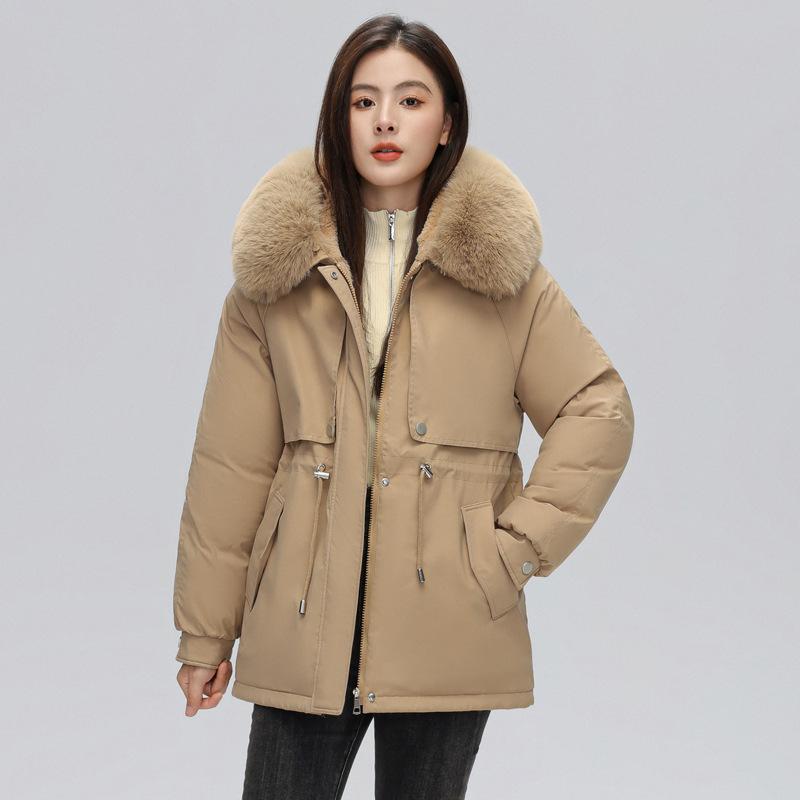 Women's New Velvet and Thickened Parka Short Korean Style Loose Waisted Large Fur Collar Jacket