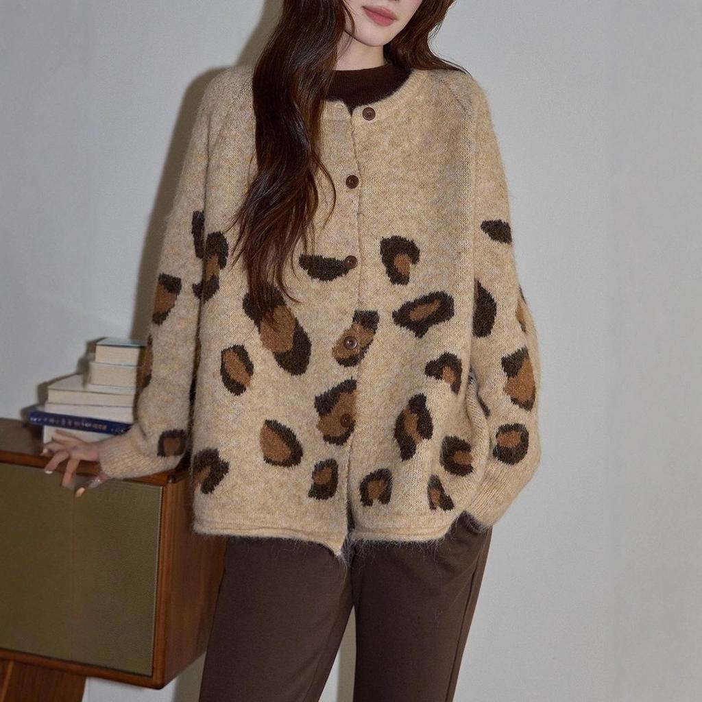 Women's Khaki Leopard Print Wool Knit Cardigan - Maillard Style Autumn Winter Sweater.