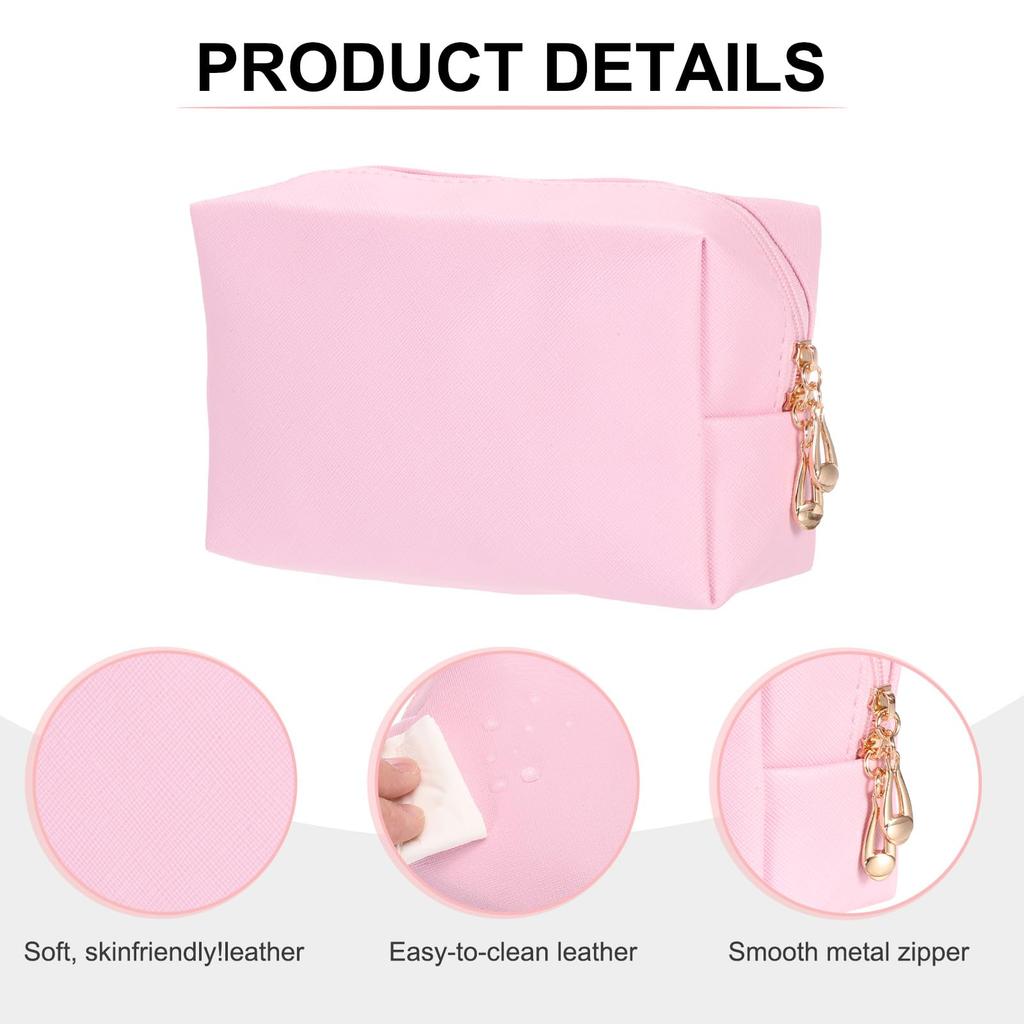 uxcell PU Leather Square Makeup Waterproof Cosmetic Organizer Bag with Makeup Brush Holder for Women Pouch, Zipper, (Pink, Small)