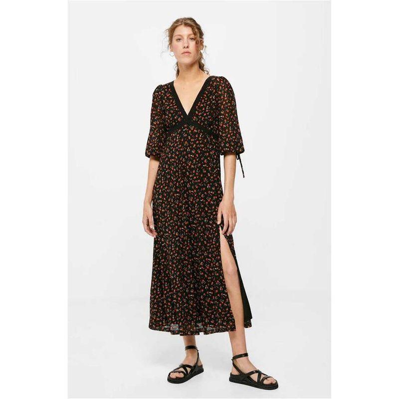 

European Station Retro Floral Print Slit Micro Dew Ruched Women s Floral Spring & Fall New Arrival High Waist Big Swing Cover A- line Dress Burgundy M