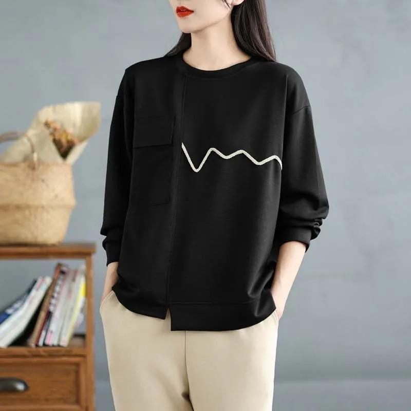 Women's Loose Fit Minimalist Line Round Neckt Crew Neck Long Sleeve Casual Top with Pocket