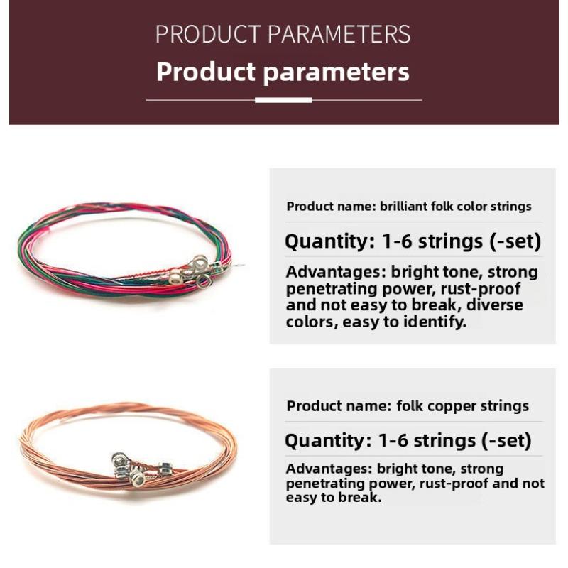 Acoustic Guitar Strings, A Set of Six Acoustic Guitar Strings, Individually Packaged Red Copper Brass Color Strings, Set Strings